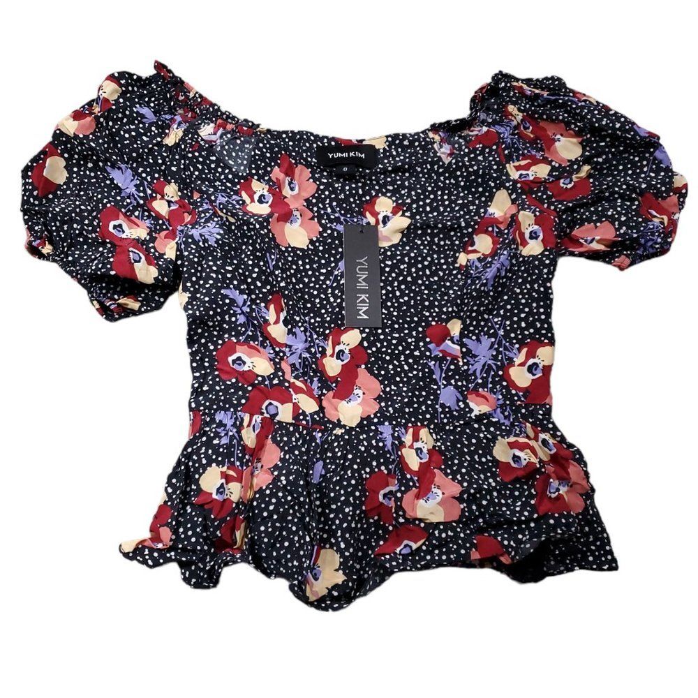 Yumi Kim Jessa Black Red Floral Crop Top Puff Sleeve Cropped Size 0 Peasant